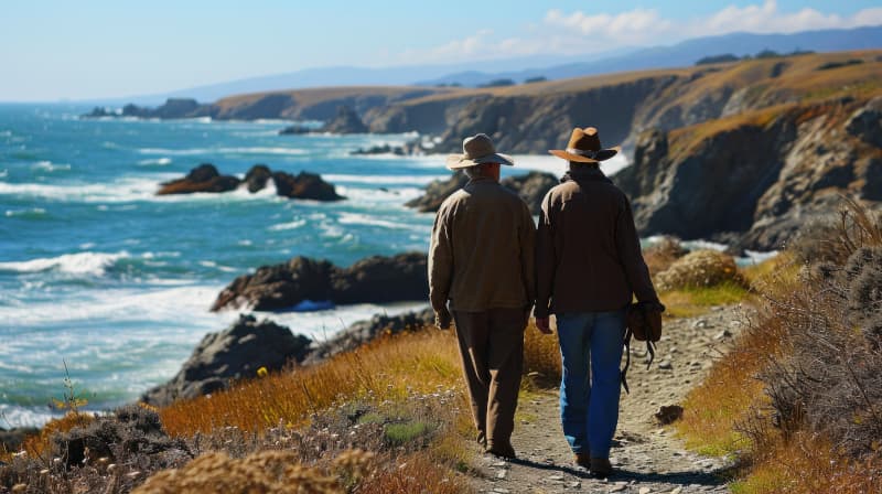 Retired couple walking along a beach cliffside